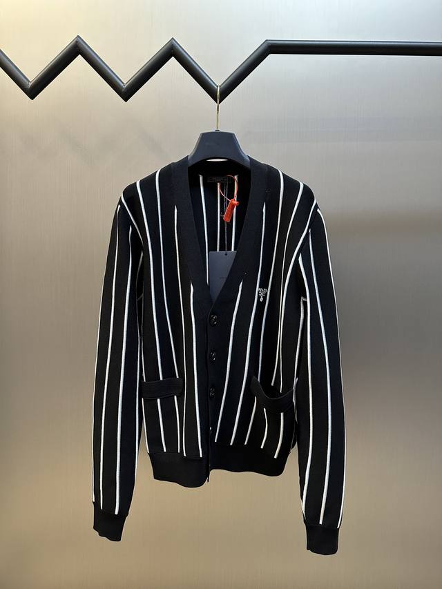 Prada striped embroidered cardigan sweater is custom-woven from a classic, luxur