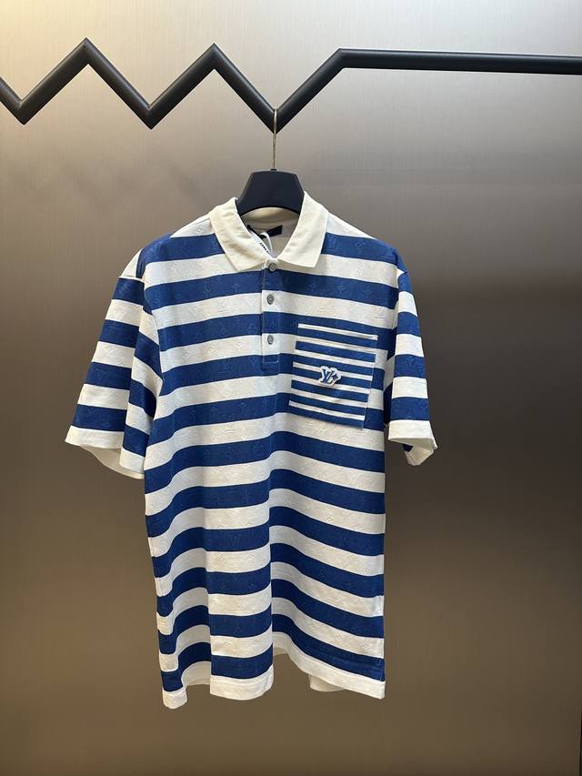 Lv white and blue striped polo shirt Polo shirt custom striped jacquard fabric,