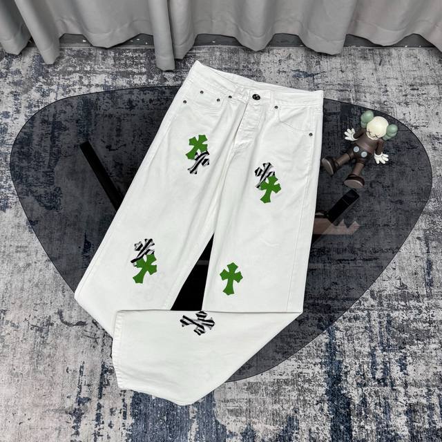 Chrome Hearts CH Miami white and green limited edition cross-patch jeans, origin