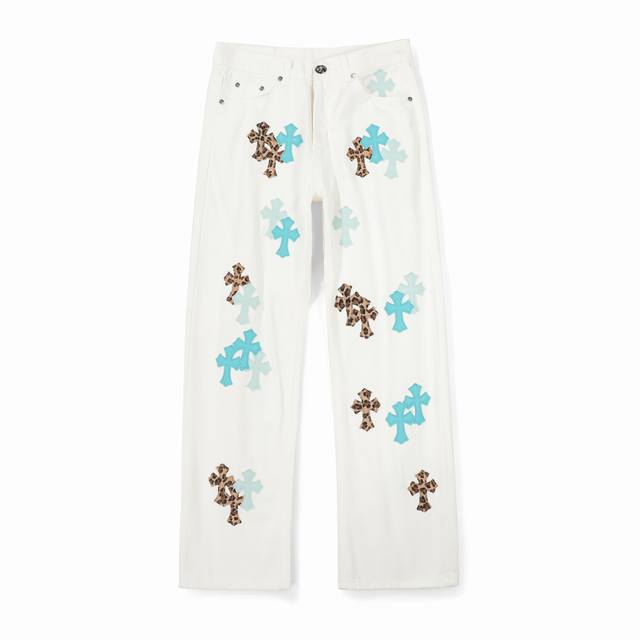 Chrome Hearts 25Ss white pants with three-color leopard print and blue leather j