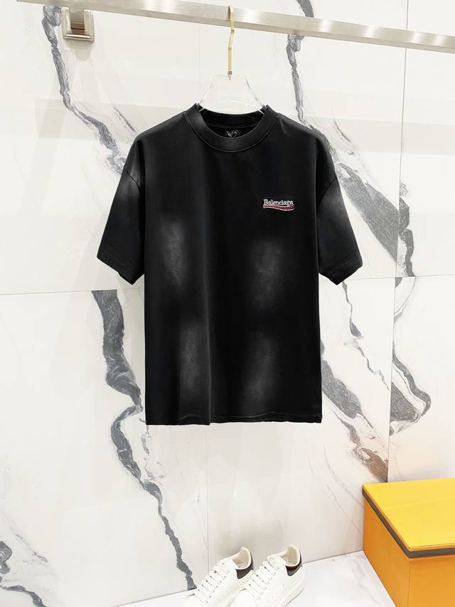 Balenciaga 320g washed short-sleeved shirt with wavy front and back embroidered