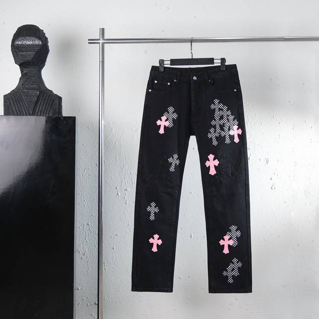 Top-of-the-line Chrome Hearts new city-exclusive flame plaid black and pink jean