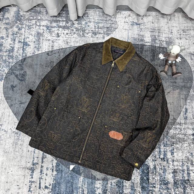 Louis Vuitton Old Money-inspired denim work jacket with allover gold embroidery.