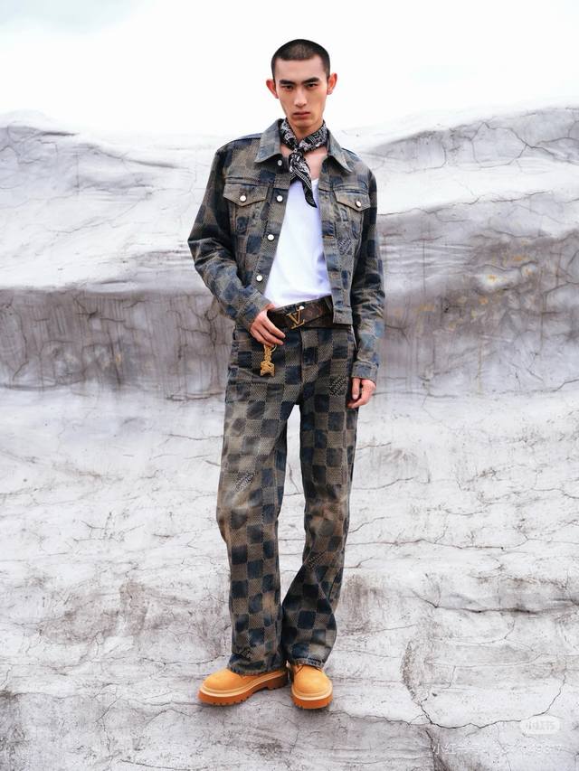 Model photo of Louis Vuitton jacket and jeans, 24Fw). This Louis Vuitton LV Dist