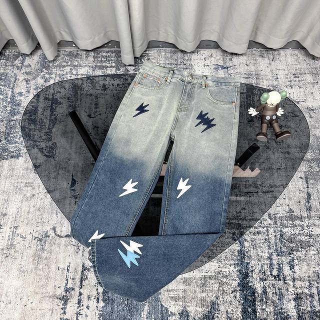 Amexnocap gradient lightning cow high ounce heavy washed retro high street jeans