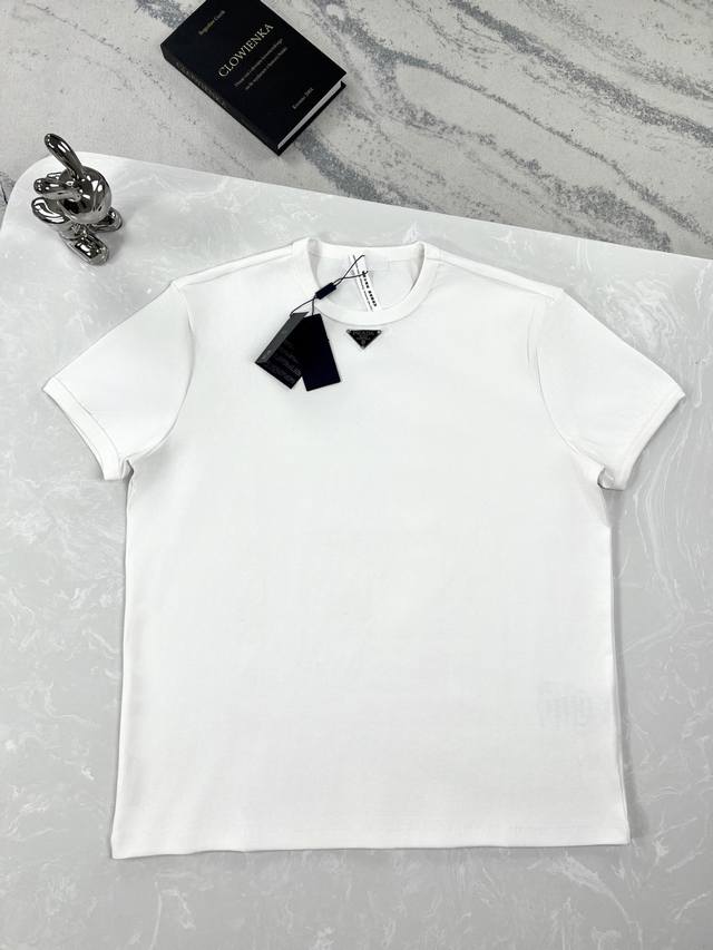 High version Prada-Prada-chest triangle steel logo round neck short-sleeved T-sh