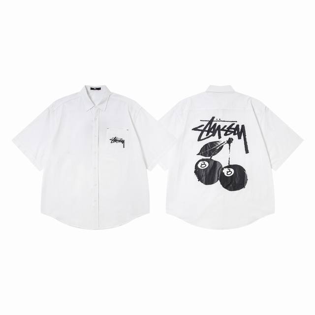 5096 Stussy Cherry Black Eight Print Lapel Short Sleeve Shirt 25 Summer New Unis