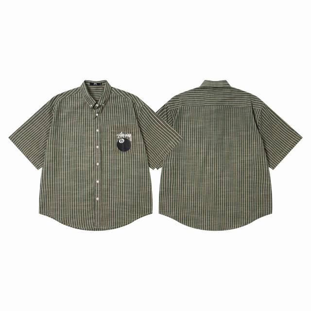 5094 Stussy classic black eight print lapel vertical striped short-sleeved shirt