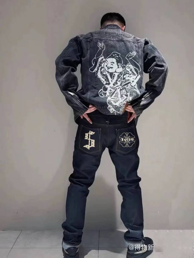 Evisu new Fushen men's jeans with floral and trademark prints, versatile casual