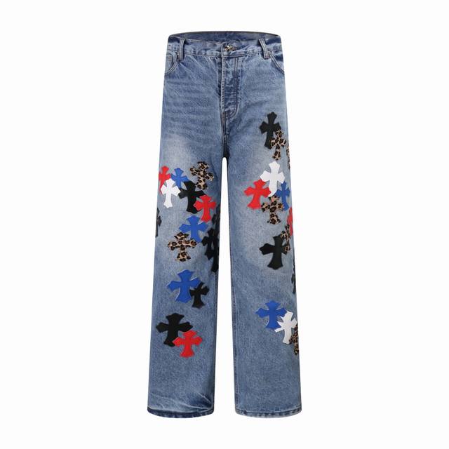 High-end Chrome Hearts distressed jeans with colorful leather labels and crosses