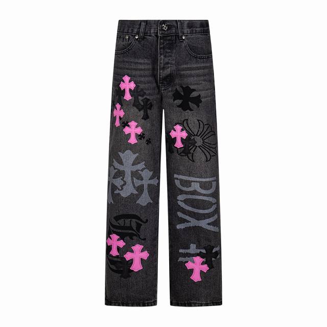 High-end Chrome Hearts purple spray-painted graffiti patchwork leather jeans, un