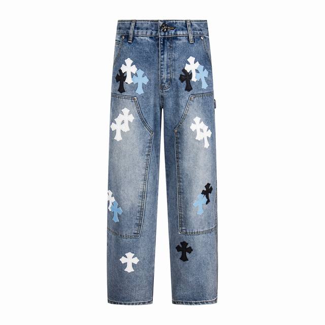 High-Release Chrome Hearts Leather Label Cross-Lawn Loom Jeans, Unisex. Authenti
