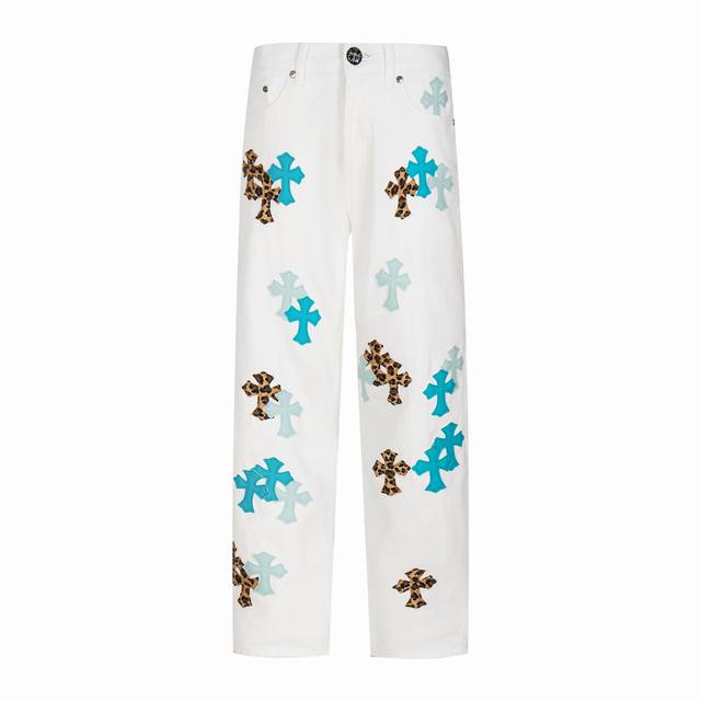 High version Chrome Hearts leopard print blue leather label cross jeans, unisex.