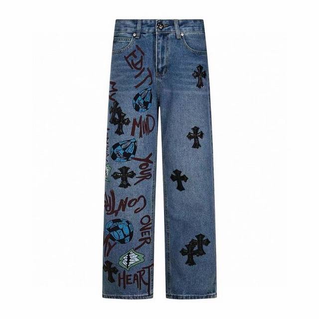 High-end Chrome Hearts graffiti leather label cross-washed distressed jeans, uni