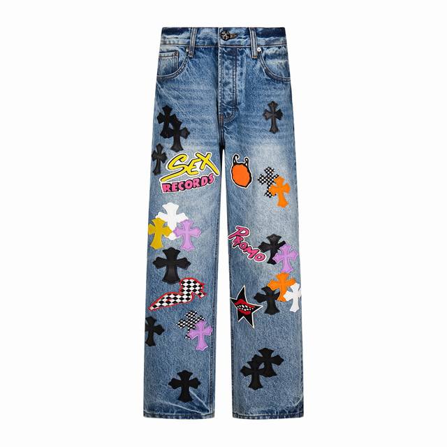 High-end Chrome Hearts Sexrecords distressed jeans with a full leather logo and