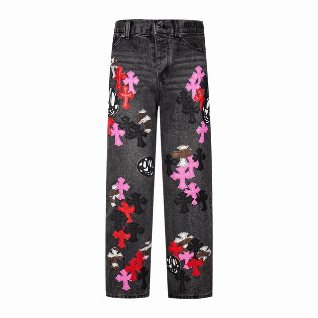 High-end Chrome Hearts distressed jeans with a ghost face and cow king cross, un