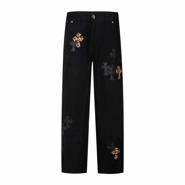 High-end Chrome Hearts leopard print leather label cross-cut lumberjack jeans, u