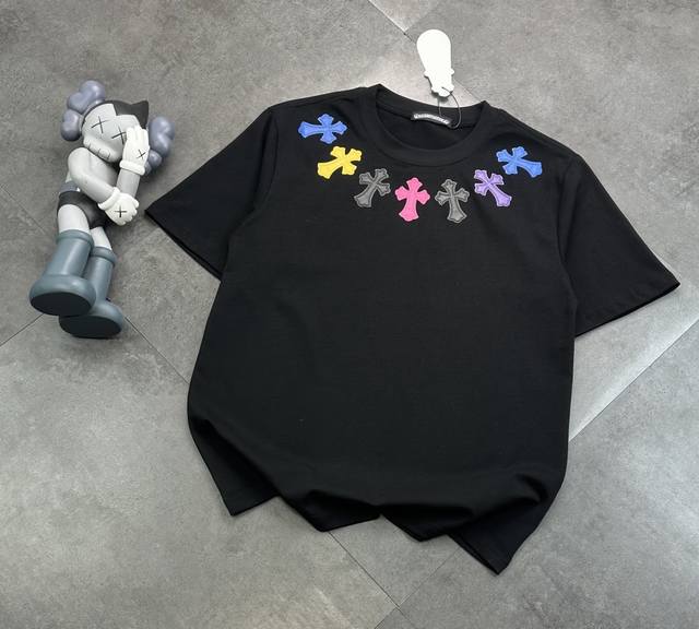 Trendy brand Chromehearts Chromehearts leather embroidered round neck short-slee