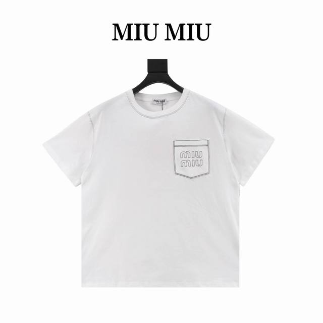 Miu Miu short-sleeved t-shirt with visible stitch embroidery and logo is made fr