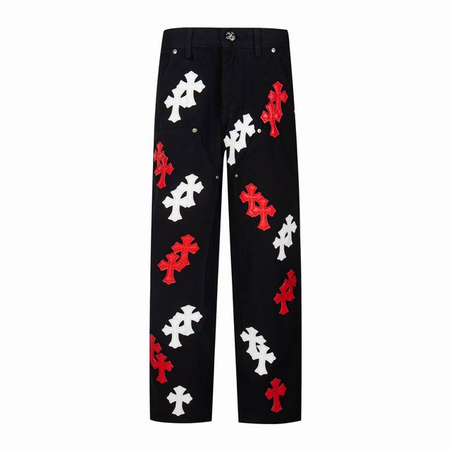High-end Chrome Hearts red and white full leather logo lumberjack jeans, unisex.