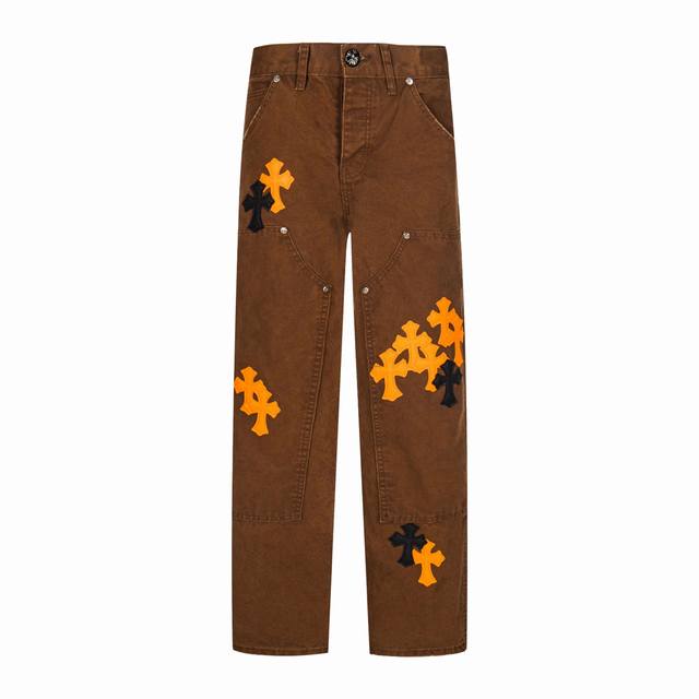 High-Release Chrome Hearts distressed lumberjack jeans in orange and black leath