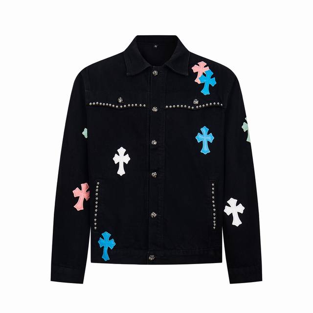 High-quality Chrome Hearts rivet leather label cross denim jacket, unisex. This