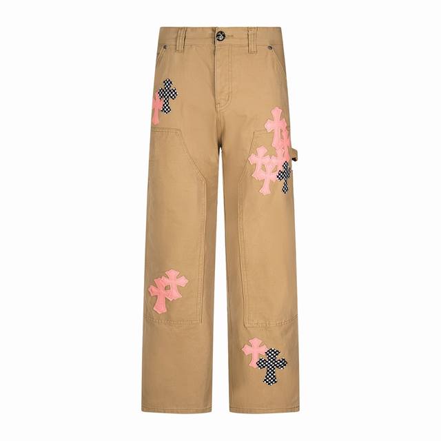High-end Chrome Hearts leopard print pink leather logo cross-logo jeans, unisex.