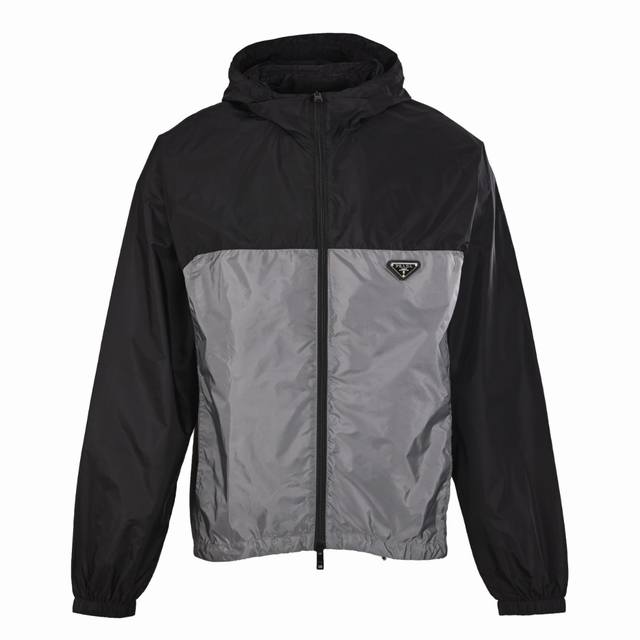 Prada Prd black and gray patchwork hooded jacket. This nylon fabric is a recycle