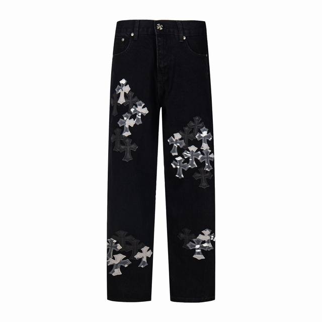 High-Release Chrome Hearts distressed jeans with overlapping, multi-leather, cro