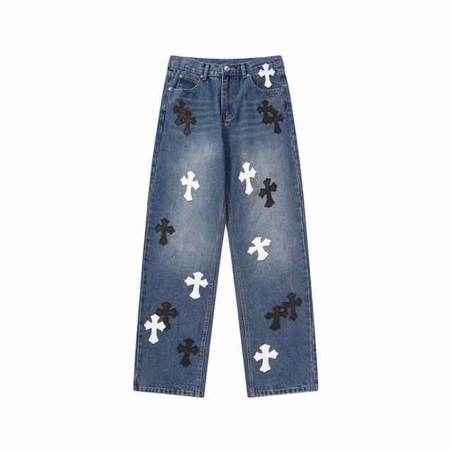 High version Chrome Hearts leather label cross washed flared jeans, unisex. All