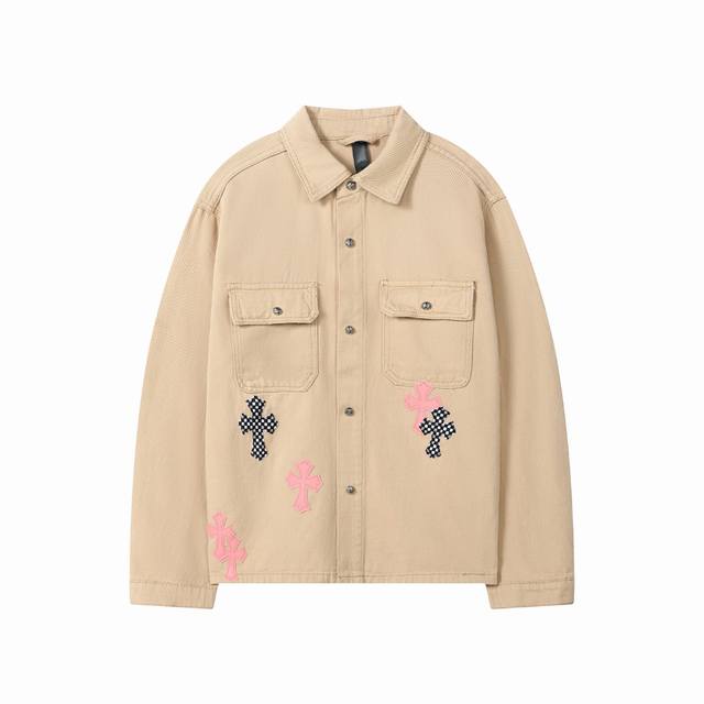 High-Release Chrome Hearts Khaki Leather Label Cross Denim Jacket, Unisex. The p