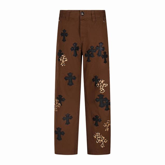 High version Chrome Hearts brown leopard print leather cross jeans, unisex. All