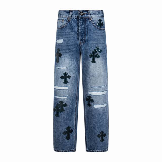 High version Chrome Hearts starry sky leather label cross washed ripped jeans, u
