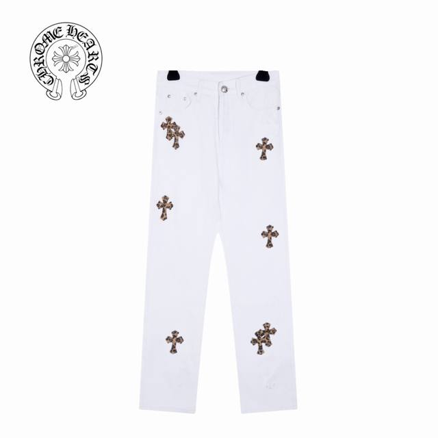 High version Chrome Hearts leopard print leather label cross jeans, unisex. All
