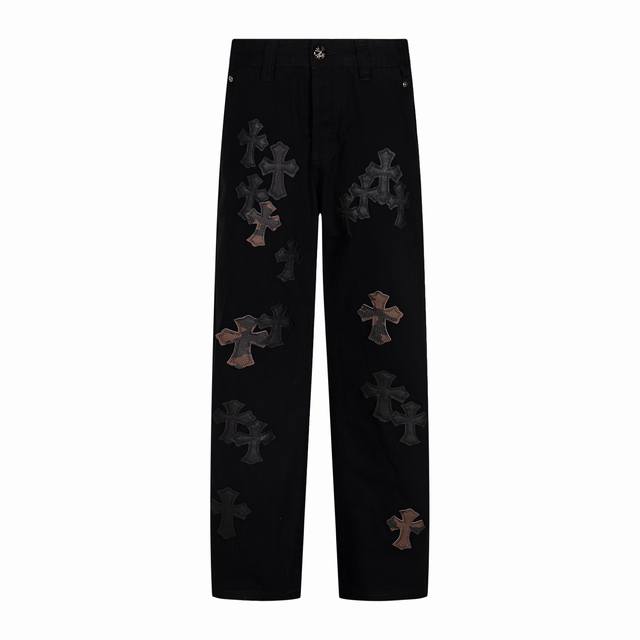 High version Chrome Hearts overlapping leather label cross jeans, unisex. All Ch