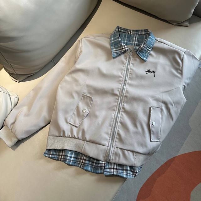 Style number: Wk084 Flat lay Stussy fake two-piece flannel shirt Ma lapel jacket