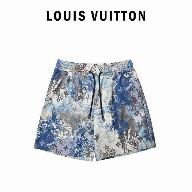 Louis Vuitton beach shorts with all-over side stripe print. Made of high-density