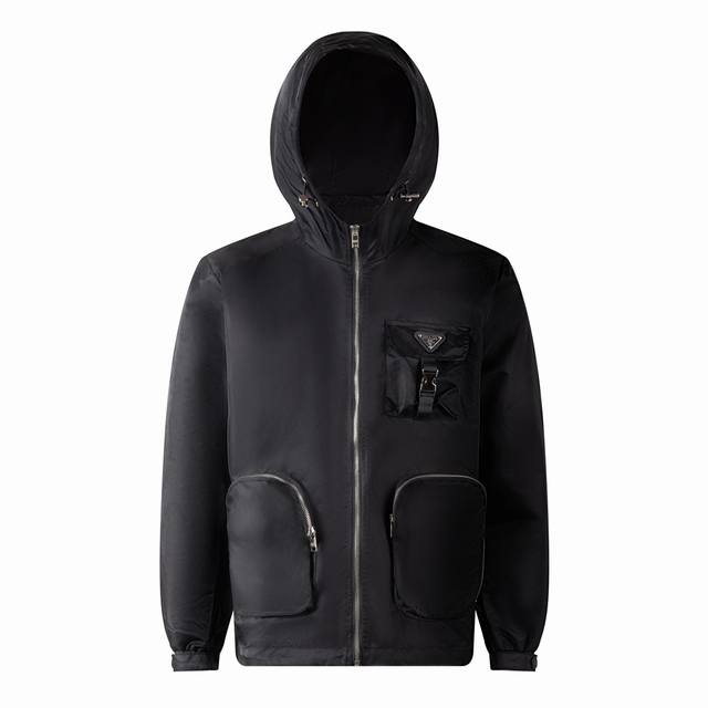 PradaحPrada 24Ss recycled nylon solid color large pocket zipper hooded jacket or