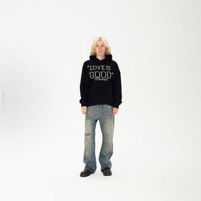 Gd23 Goodbrand Love Is Good pearl slogan hooded pullover sweatshirt for men and