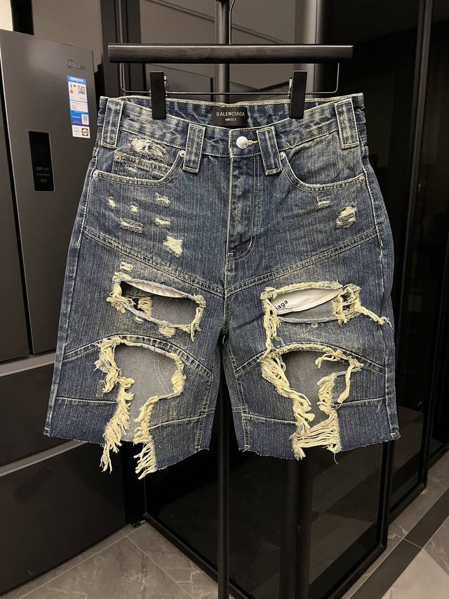 Balenciaga 25FW Knife-cut Destroyed Slub Denim Shorts Blue Fabric: Custom-woven