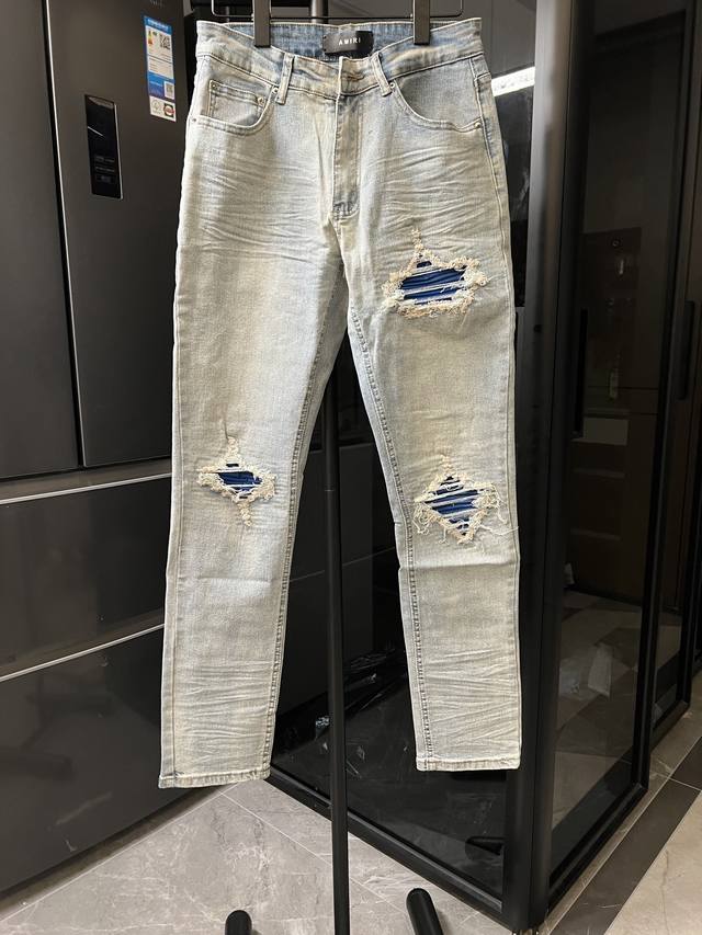 Amiri Mx1 25Ss Knee-cut Holes Blue Leather Washed Jeans Blue Size: 28 30 32 34 S