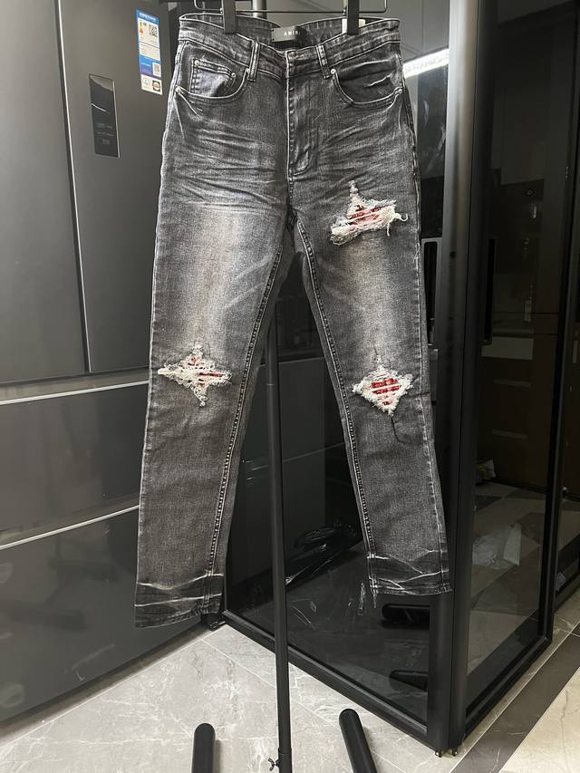 Amiri Mx1 25Ss Knee-cut Red Check Washed Jeans Black Size: 28 30 32 34 S-Xl Corr
