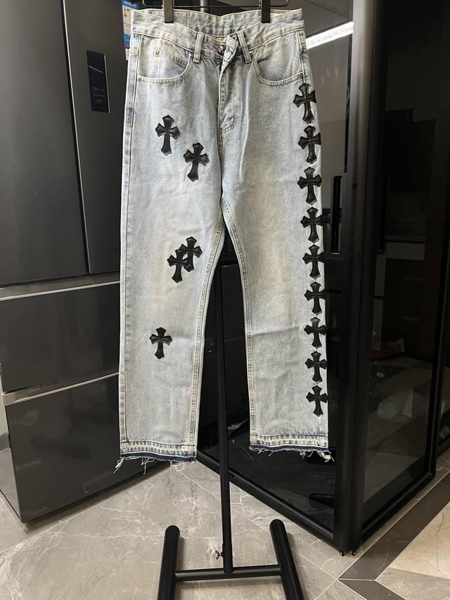 Chrome Hearts 25Ss Ch Light Blue Leather Cross Jeans Blue Size: 28 30 32 34 S- X