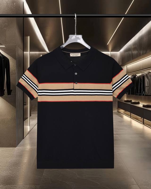 Next-Day Shipping Burberry Classic Contrast Stripe Knitted Casual Short-Sleeve P