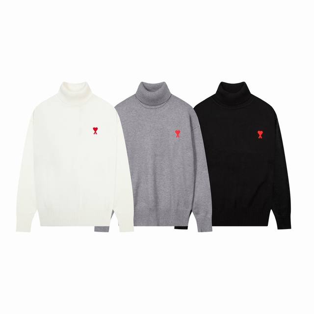 8128 Ami Paris New Arrival: Heart Embroidered Wool Sweater. Turtleneck. Oversize