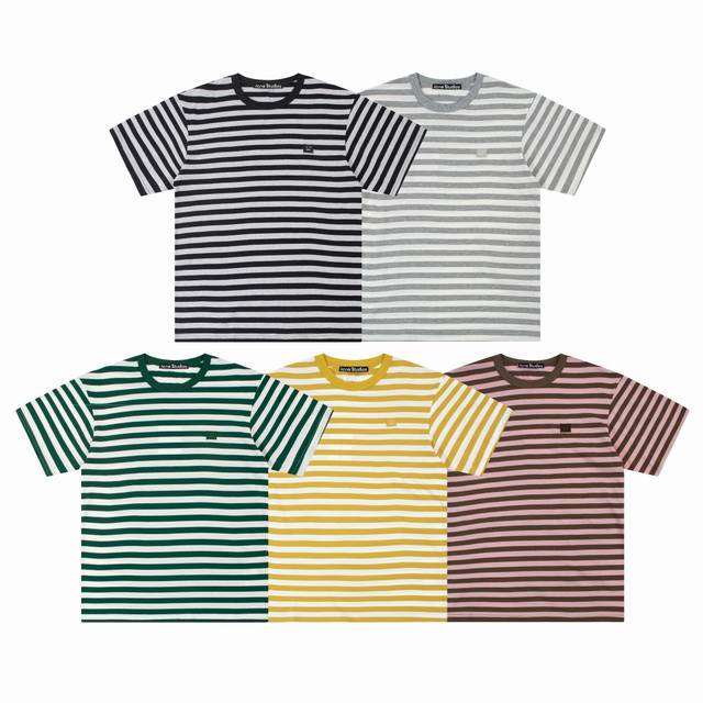 Cy1180 Acne Studiosfaceac classic round neck square smiley face striped short sl