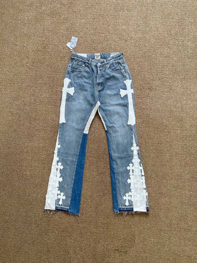 style 3010, Gallery Dept jeans, large cross-patched leather, slightly flared, lo
