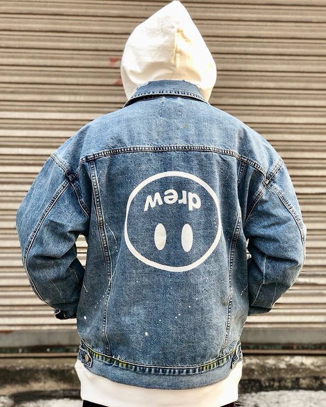 Drew House Mascot, Justin Bieber's signature inkjet flip smiley face Fog jacket.