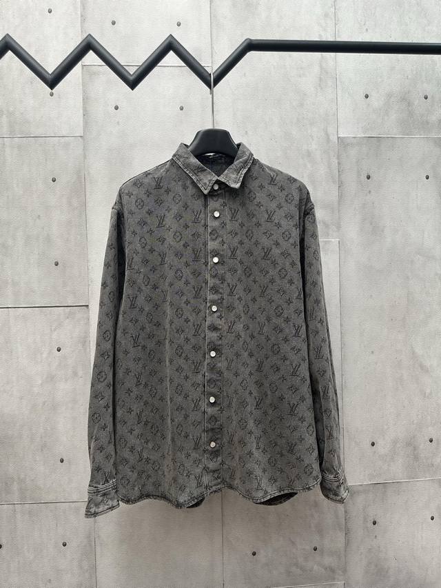 Lv all-over monogram denim shirt available in sizes S, M, L, and Xl. Classic mon