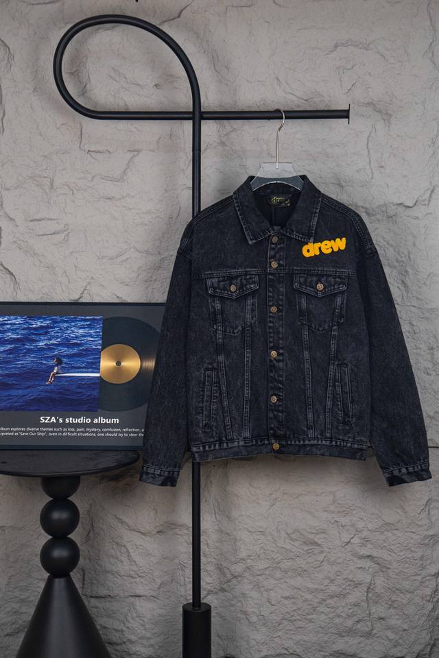 Style: M217 Drew Houes Smiley Face Bieber Flocked Logo Couple's Denim Jacket Fab